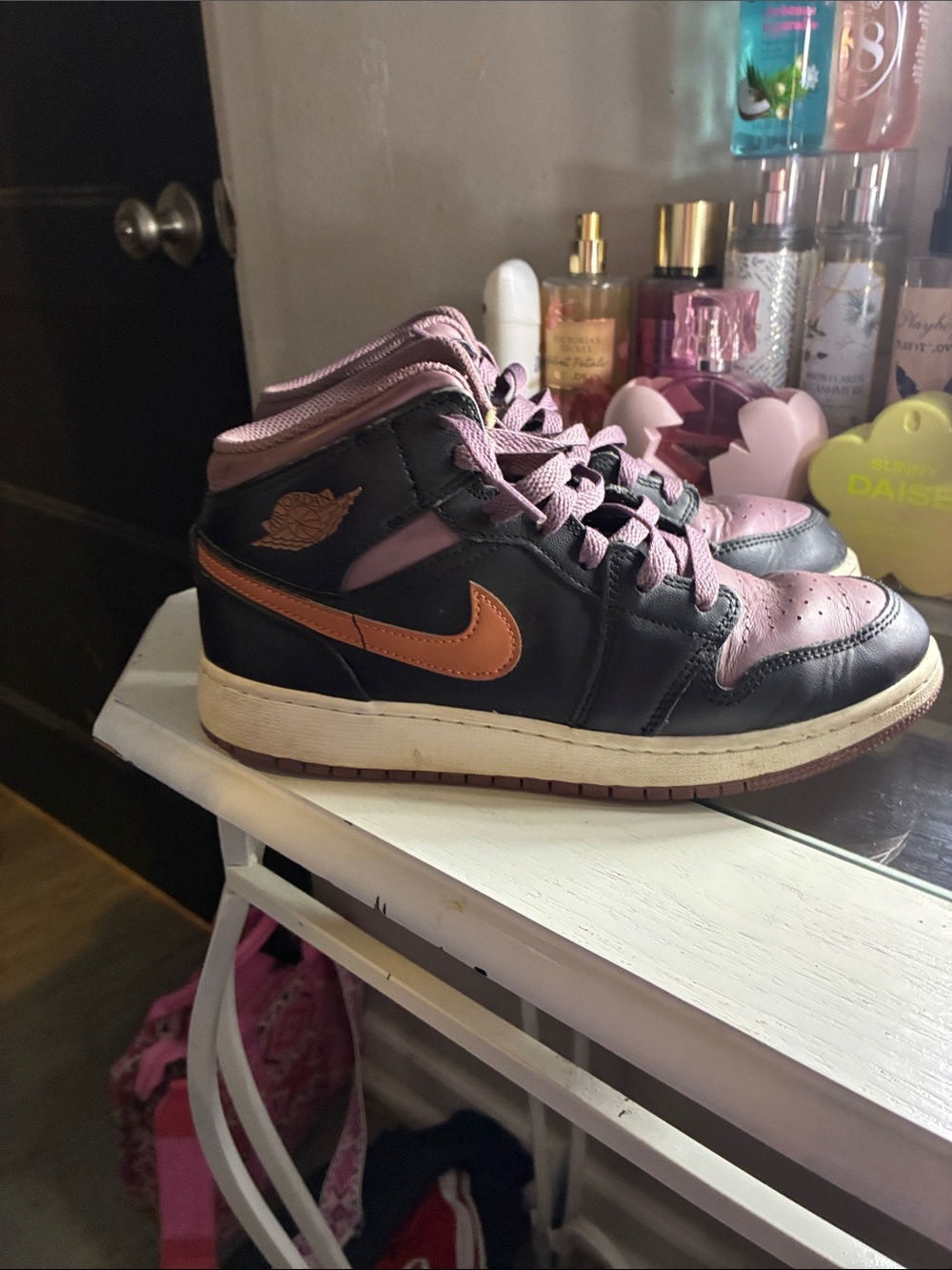 Nike High-Top Sneaker in Black with Mauve and Peach Swoosh